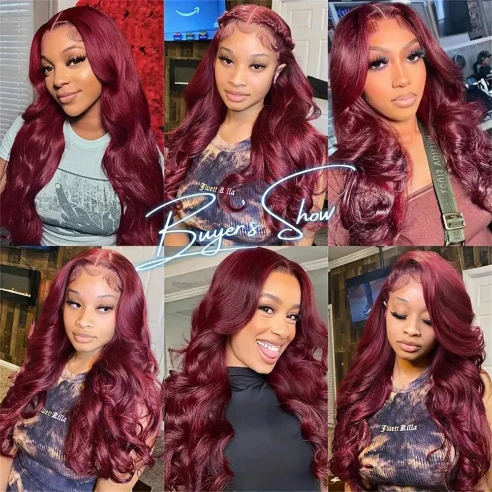 99J Burgundy Body Wave Human Hair Wig 36 Inch 13x6 HD Transparent Lace Front Wig 200 Density Pre Plucked Bleached Knots Glueless