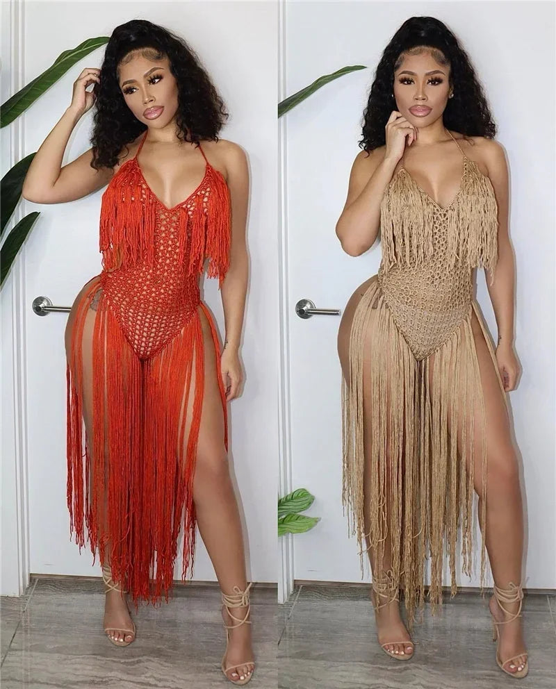 Halter V-Neck Tassel Backless Crochet Maxi Dress