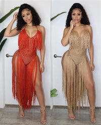 Halter V-Neck Tassel Backless Crochet Maxi Dress