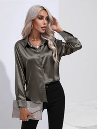 V-Neck Long Sleeve Satin Silk Blouse
