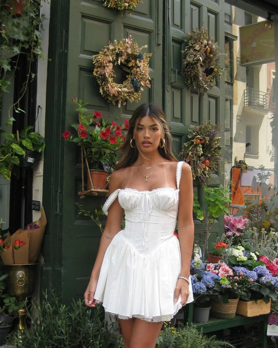 Elegant Women Summer Lace Floral Patchwork Corset Mini Dress Sleeveless Square Neck Tie-Up Short Tank A-Line Flowy Party Dress