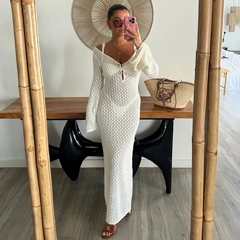 Sexy Hollow-Out Knit Crochet Bikini Cover-Up Maxi Dress