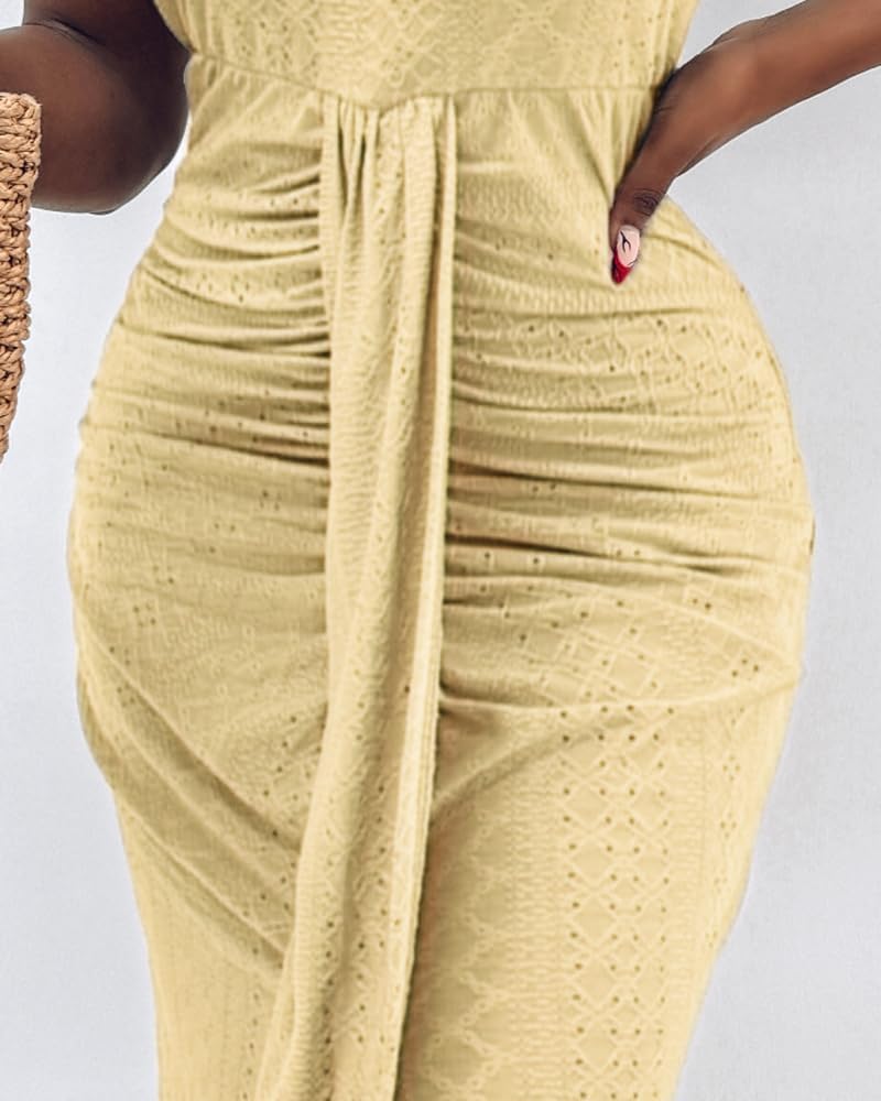 Womens Summer Halter Dress Hollow Out a Line Vacation Dresses with Eyelet Embroidery & Side Slit