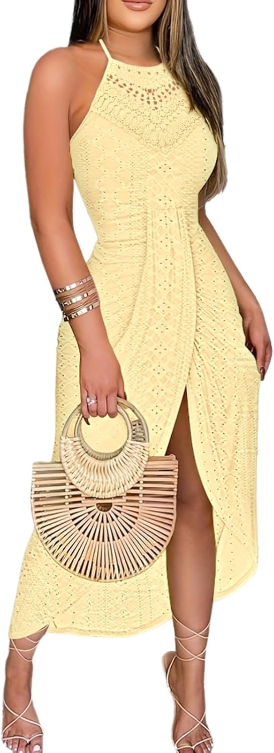 Womens Summer Halter Dress Hollow Out a Line Vacation Dresses with Eyelet Embroidery & Side Slit