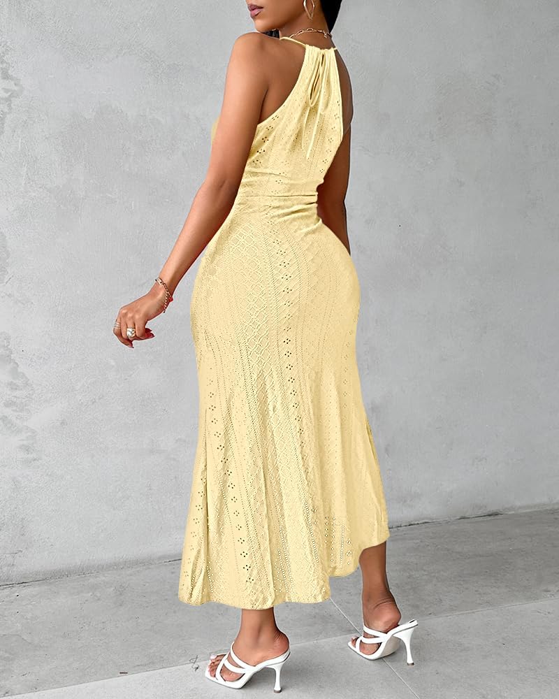Womens Summer Halter Dress Hollow Out a Line Vacation Dresses with Eyelet Embroidery & Side Slit