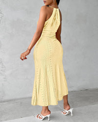 Womens Summer Halter Dress Hollow Out a Line Vacation Dresses with Eyelet Embroidery & Side Slit