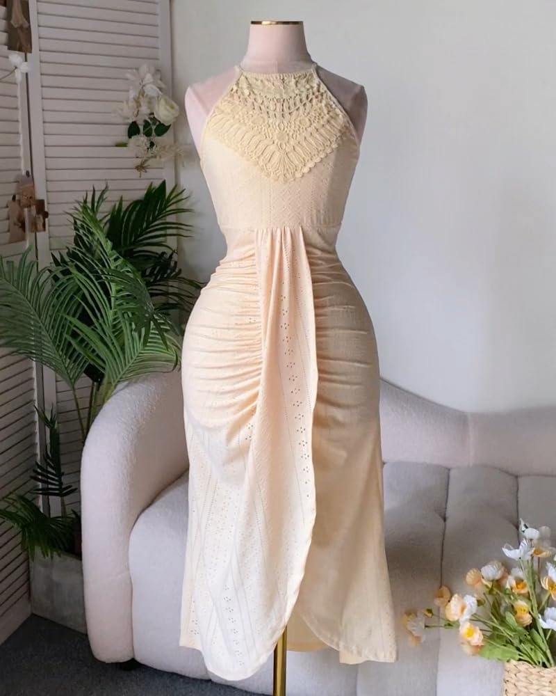 Womens Summer Halter Dress Hollow Out a Line Vacation Dresses with Eyelet Embroidery & Side Slit