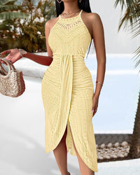 Womens Summer Halter Dress Hollow Out a Line Vacation Dresses with Eyelet Embroidery & Side Slit
