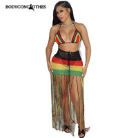 Colorful Hand Crochet Lace-Up Bra & Tassel Maxi Skirt Set