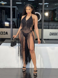 Halter V-Neck Tassel Backless Crochet Maxi Dress
