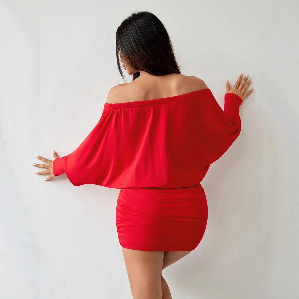 Off-Shoulder Long Sleeve Knit Bodycon Mini Dress