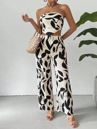 Black Leaf Print Strapless Crop Top & Wide-Leg Pants Set