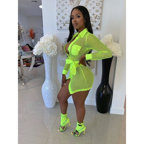 Turn-Down Collar Long Sleeve Mini Dress