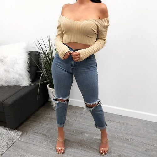 Black V-Neck Off Shoulder Crop Top