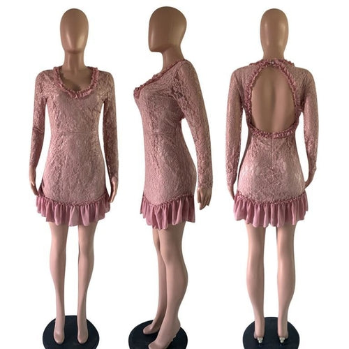 Ruffle Lace Patchwork Long Sleeve A-Line Dress