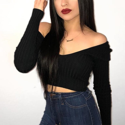 Black V-Neck Off Shoulder Crop Top