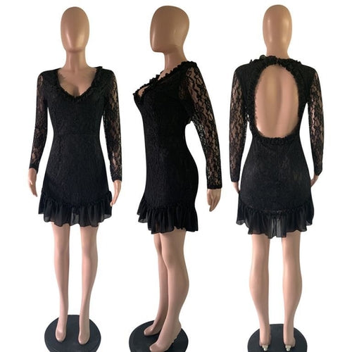 Ruffle Lace Patchwork Long Sleeve A-Line Dress