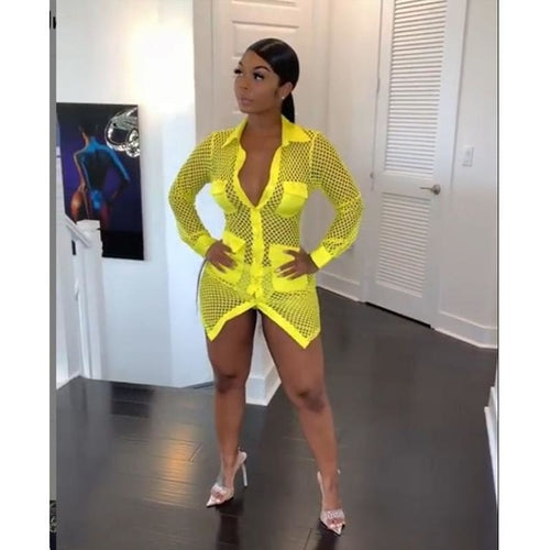 Turn-Down Collar Long Sleeve Mini Dress