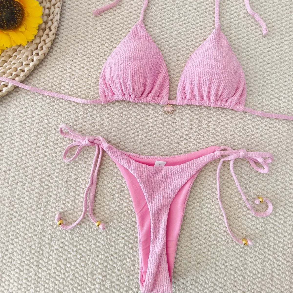 Solid Color Strap Split Shell Bikini Set