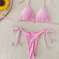 Solid Color Strap Split Shell Bikini Set