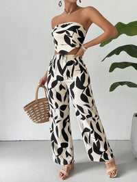 Black Leaf Print Strapless Crop Top & Wide-Leg Pants Set