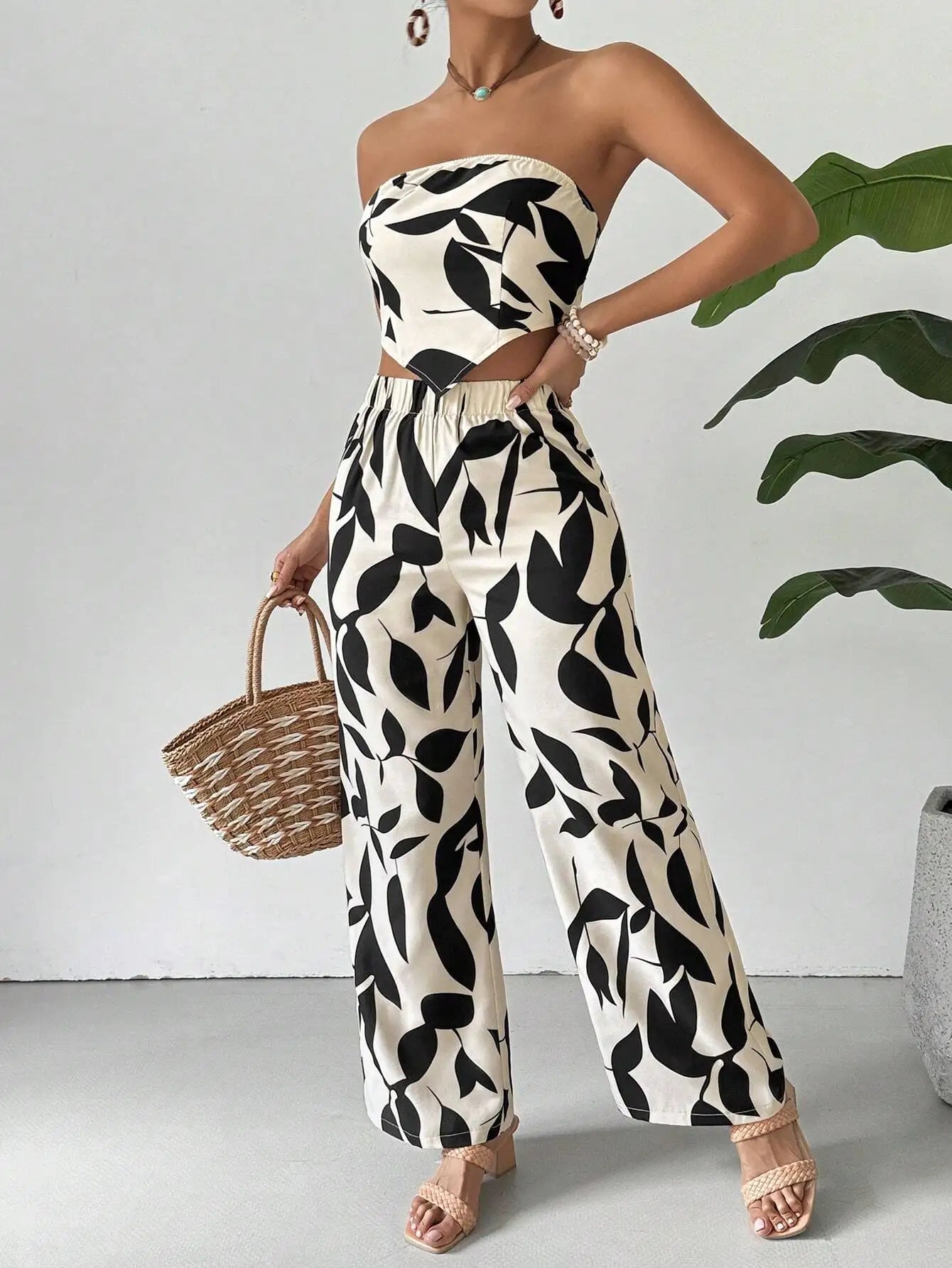 Black Leaf Print Strapless Crop Top & Wide-Leg Pants Set