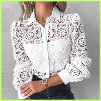 Hollow-Out Vintage Lace Long Sleeve Blouse – White
