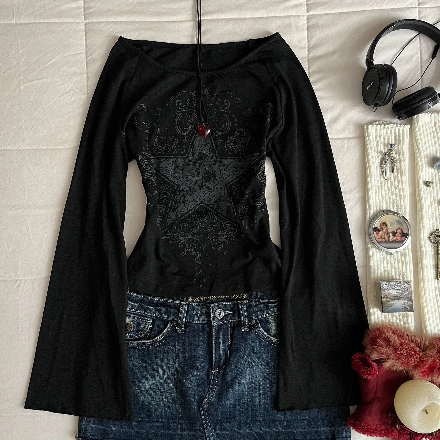Y2K Gothic Print Long Sleeve Top
