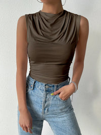 Pleated Half-High Neck Sleeveless Top