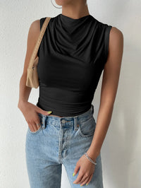 Pleated Half-High Neck Sleeveless Top