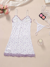 Floral Lace Trim Adjustable Strap Bodycon Nightgown Set