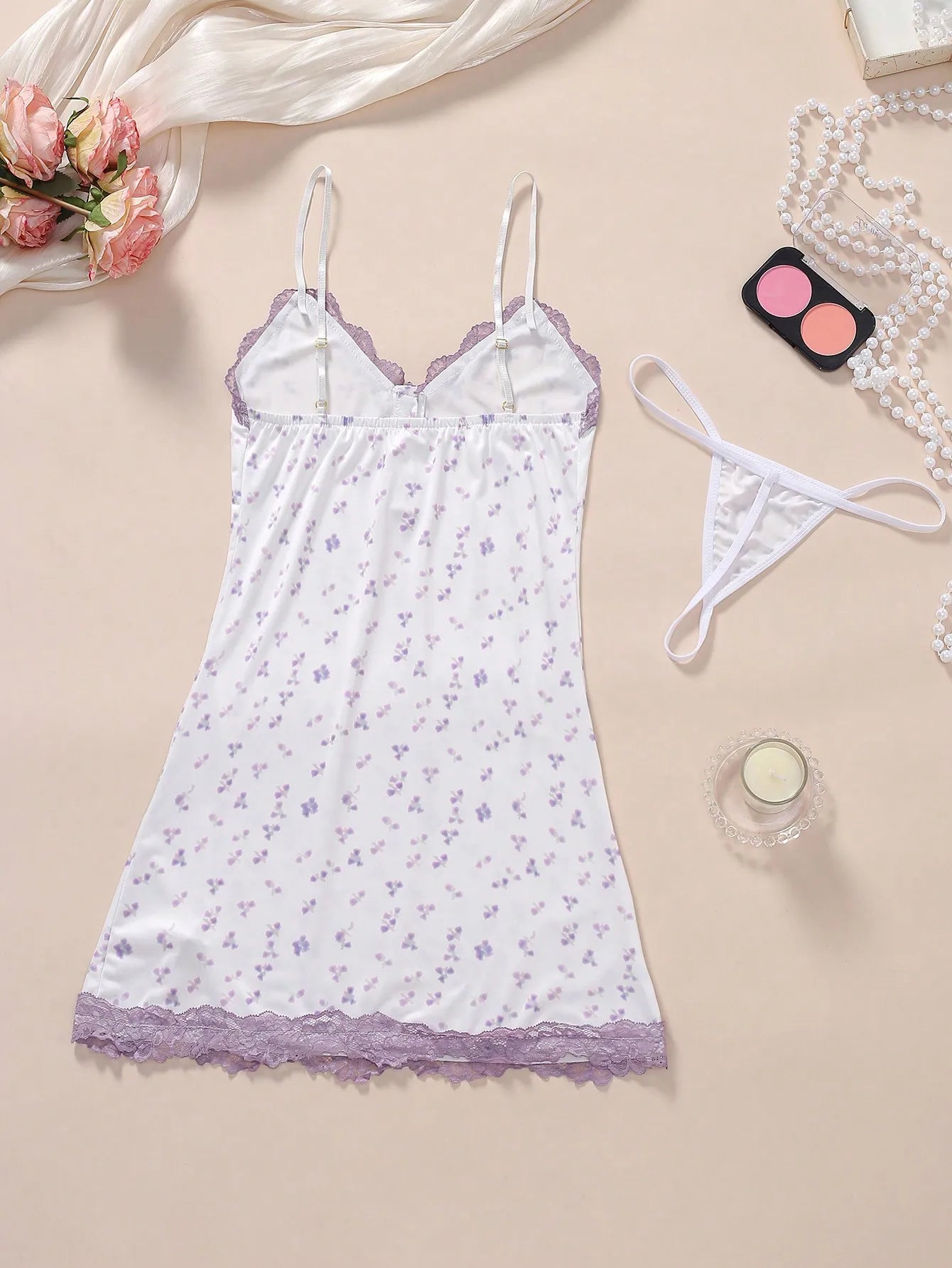 Floral Lace Trim Adjustable Strap Bodycon Nightgown Set