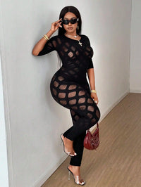 Sheer Mesh Web Pattern High Waist Bodycon Jumpsuit
