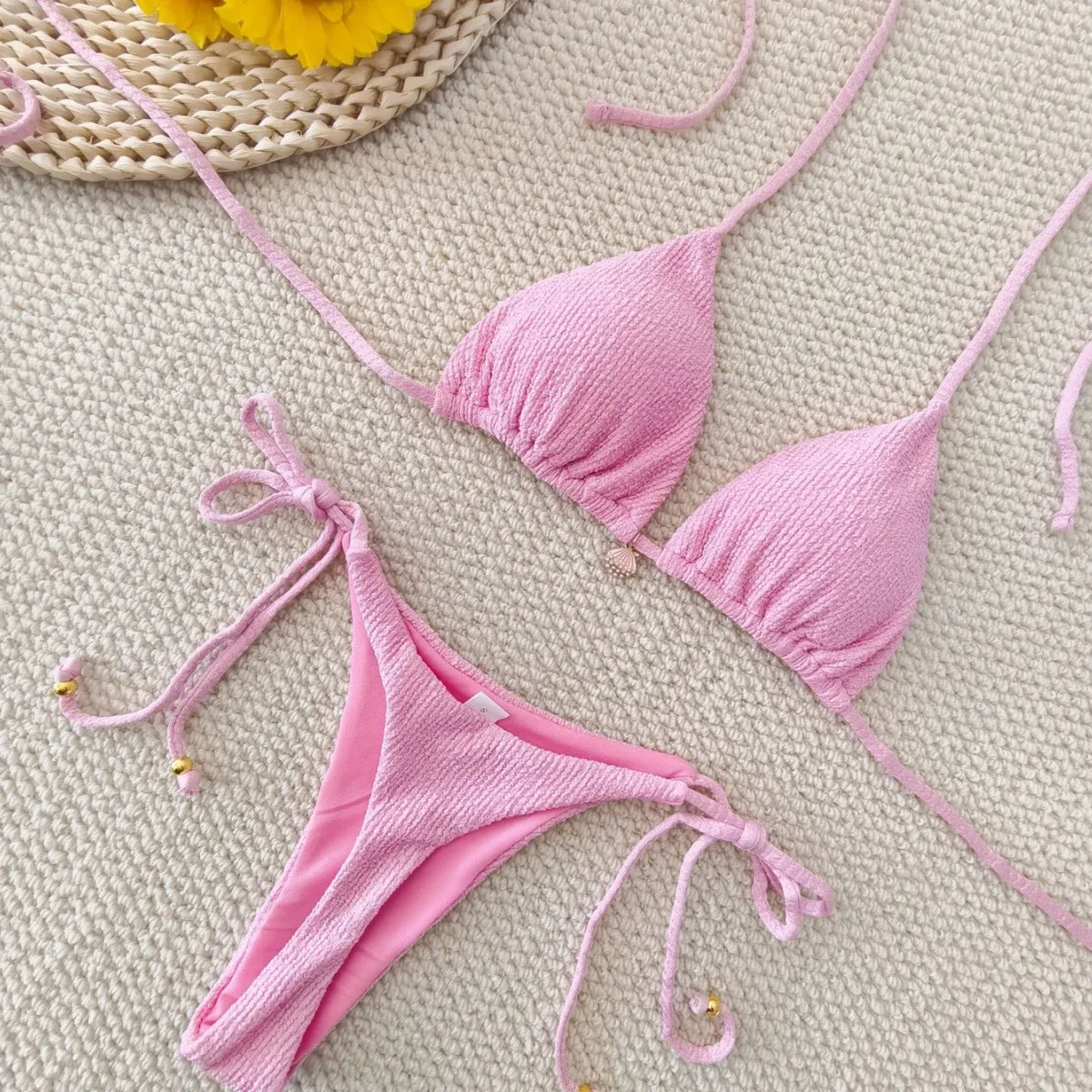Solid Color Strap Split Shell Bikini Set