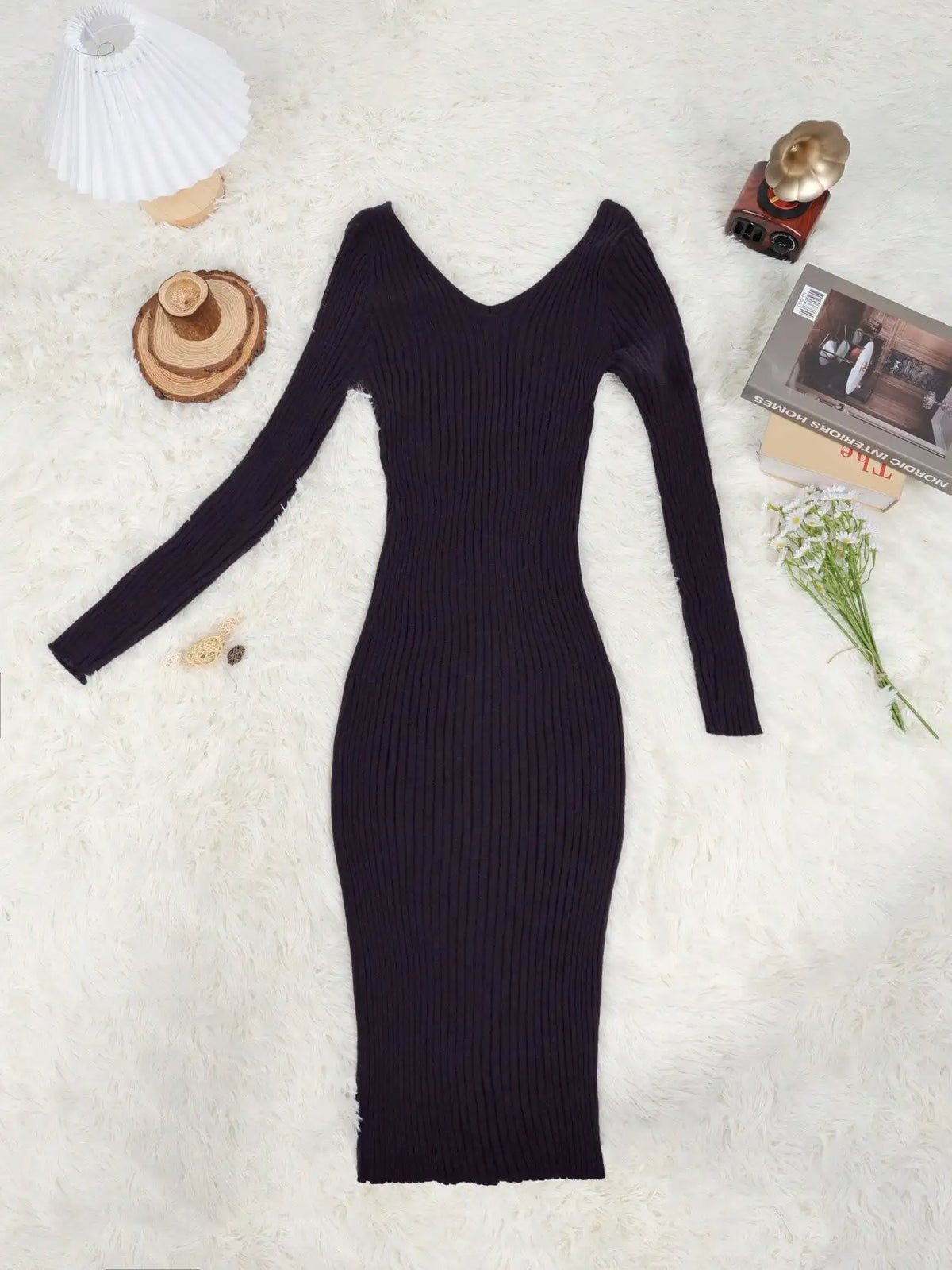 Off-Shoulder V-Neck Ribbed Knit Bodycon Midi Dress