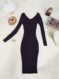 Off-Shoulder V-Neck Ribbed Knit Bodycon Midi Dress