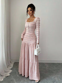 Pink Lace-Trimmed Square Neck Button-Up Maxi Dress Set