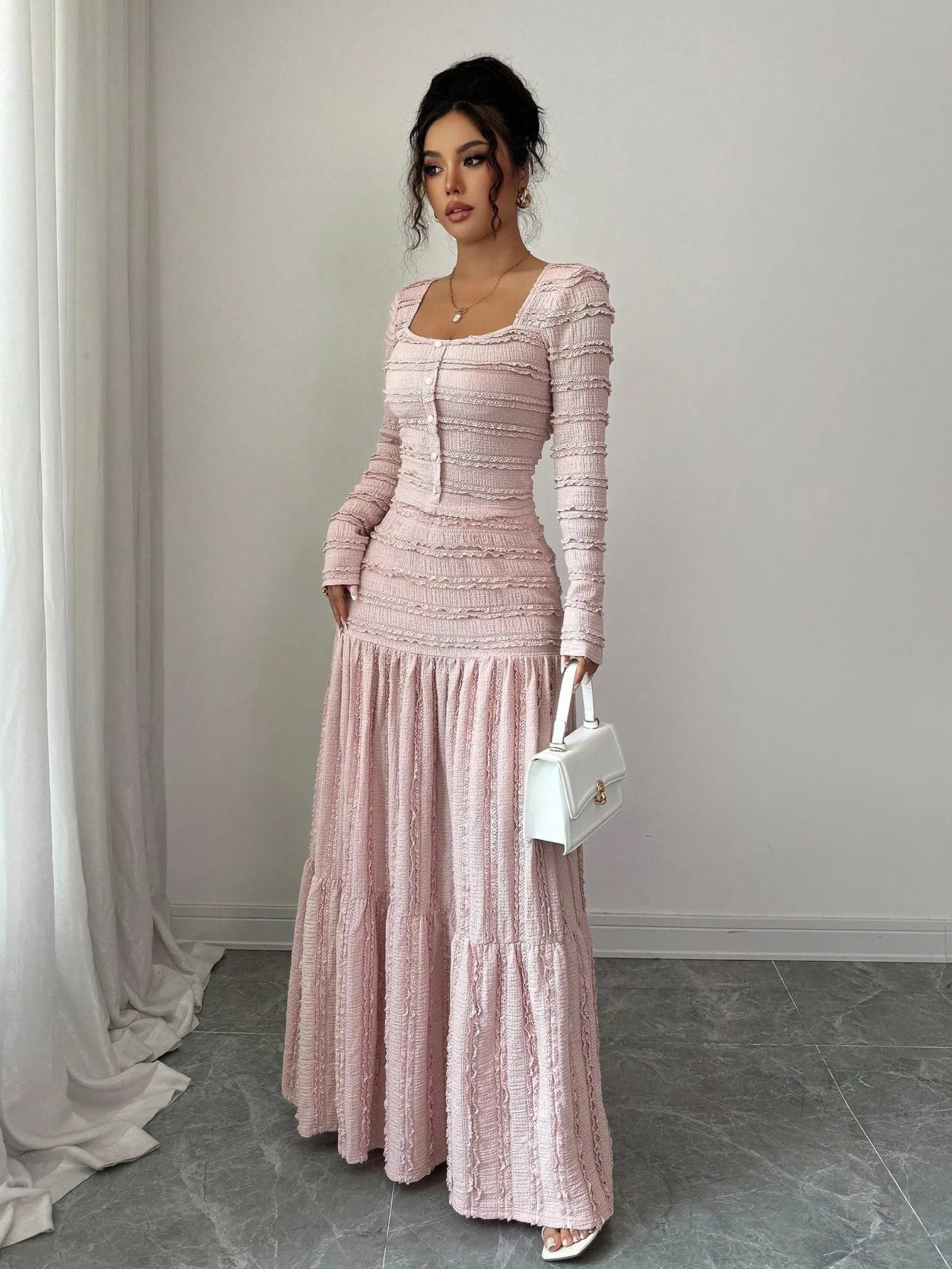 Pink Lace-Trimmed Square Neck Button-Up Maxi Dress Set