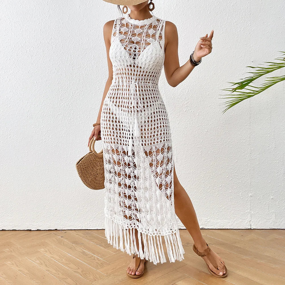 Backless Tassel Crochet Hollow-Out Maxi Cover-Up Dress