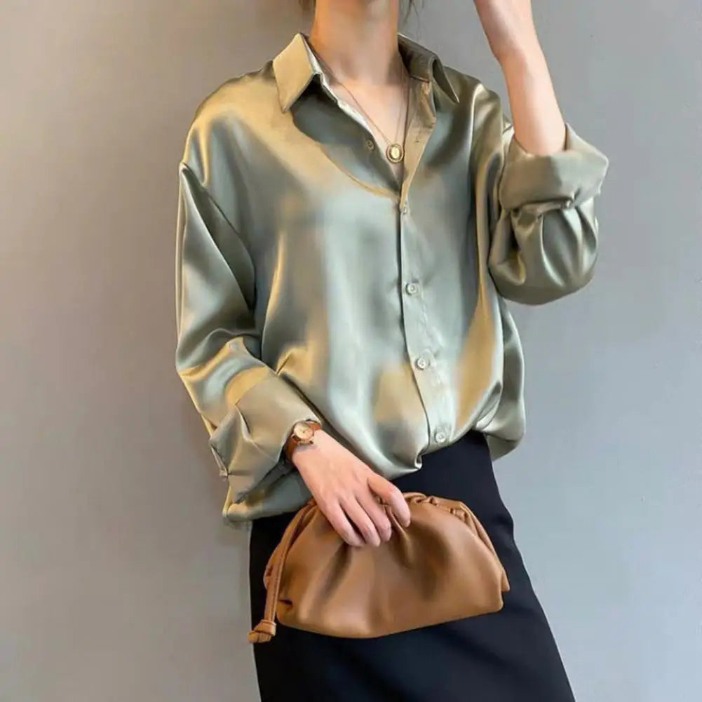 Women Smooth Satin Shirts Lapel Long Sleeve Shirt Single Breasted Tops Solid Color Loose Fit Casual Shirt