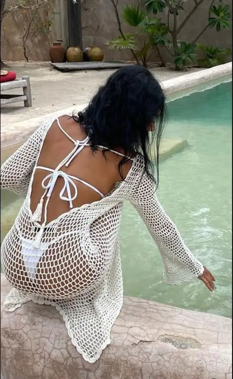 Long Sleeve Open Knit Crochet Maxi Cover-Up Dress