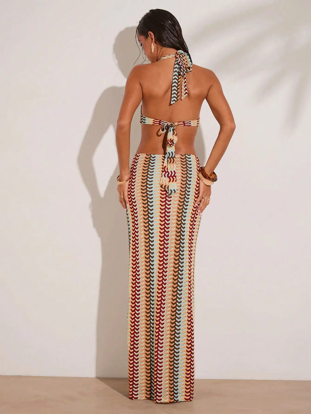 Crochet Halter Neck Cut-Out Maxi Dress with Colorful Striped Pattern for Beach Vacation