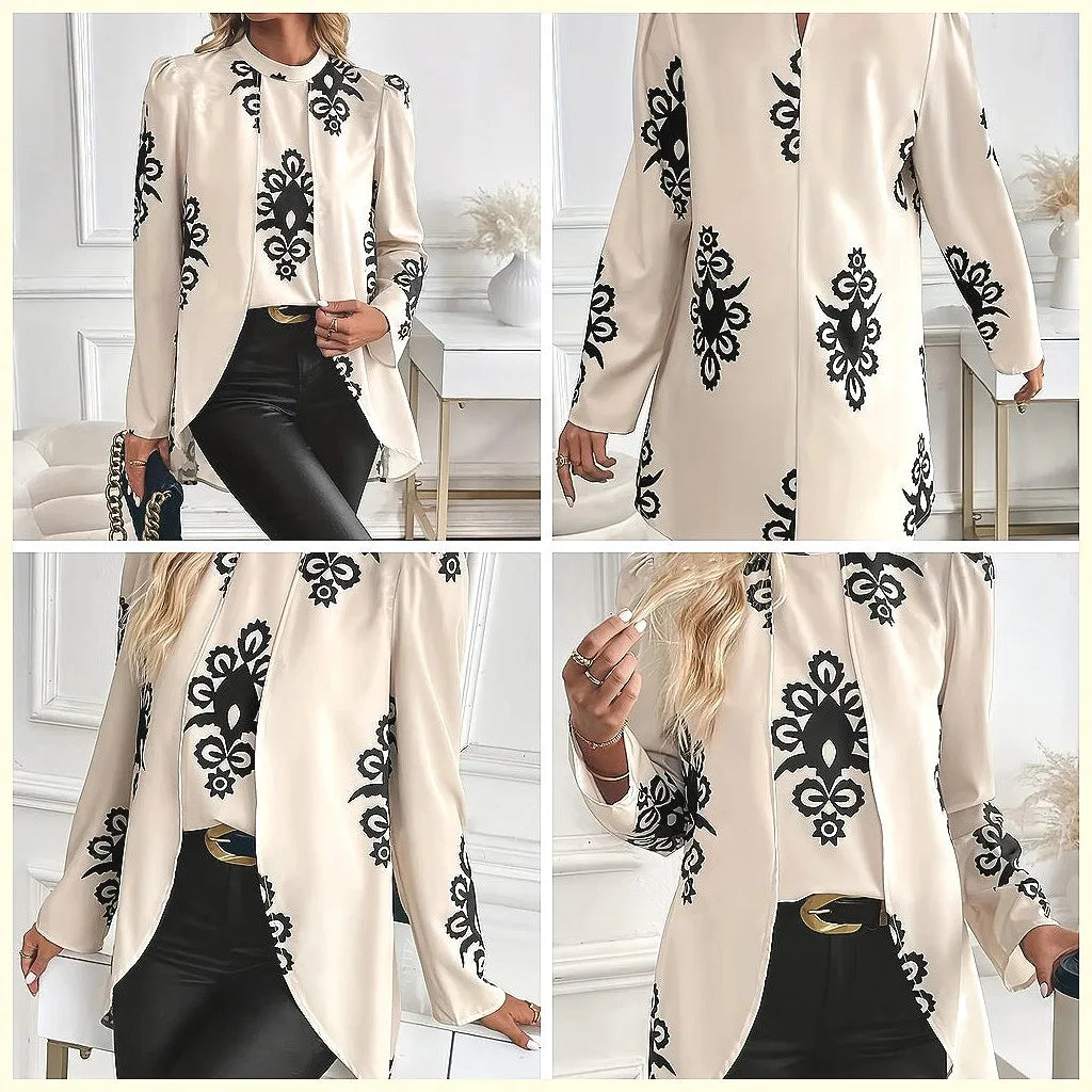 Fake Two-Piece Print Long Sleeve Blouse