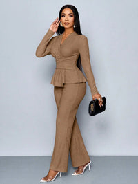 V-Neck Peplum Top & Wide Leg Pants Set – Beige