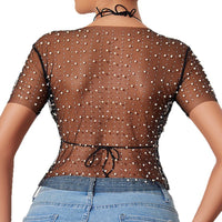 Pearl Neck Sheer Mesh Long Sleeve Top