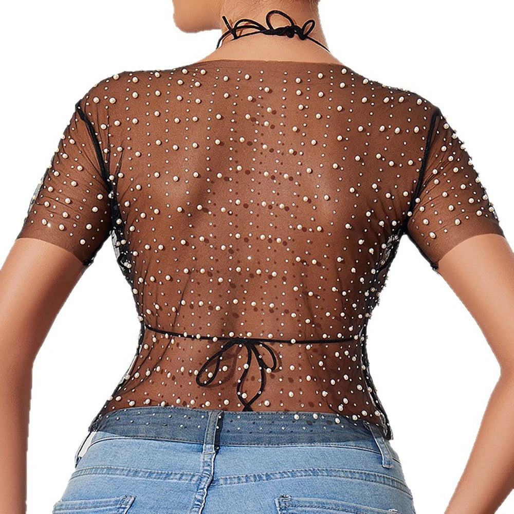 Pearl Neck Sheer Mesh Long Sleeve Top