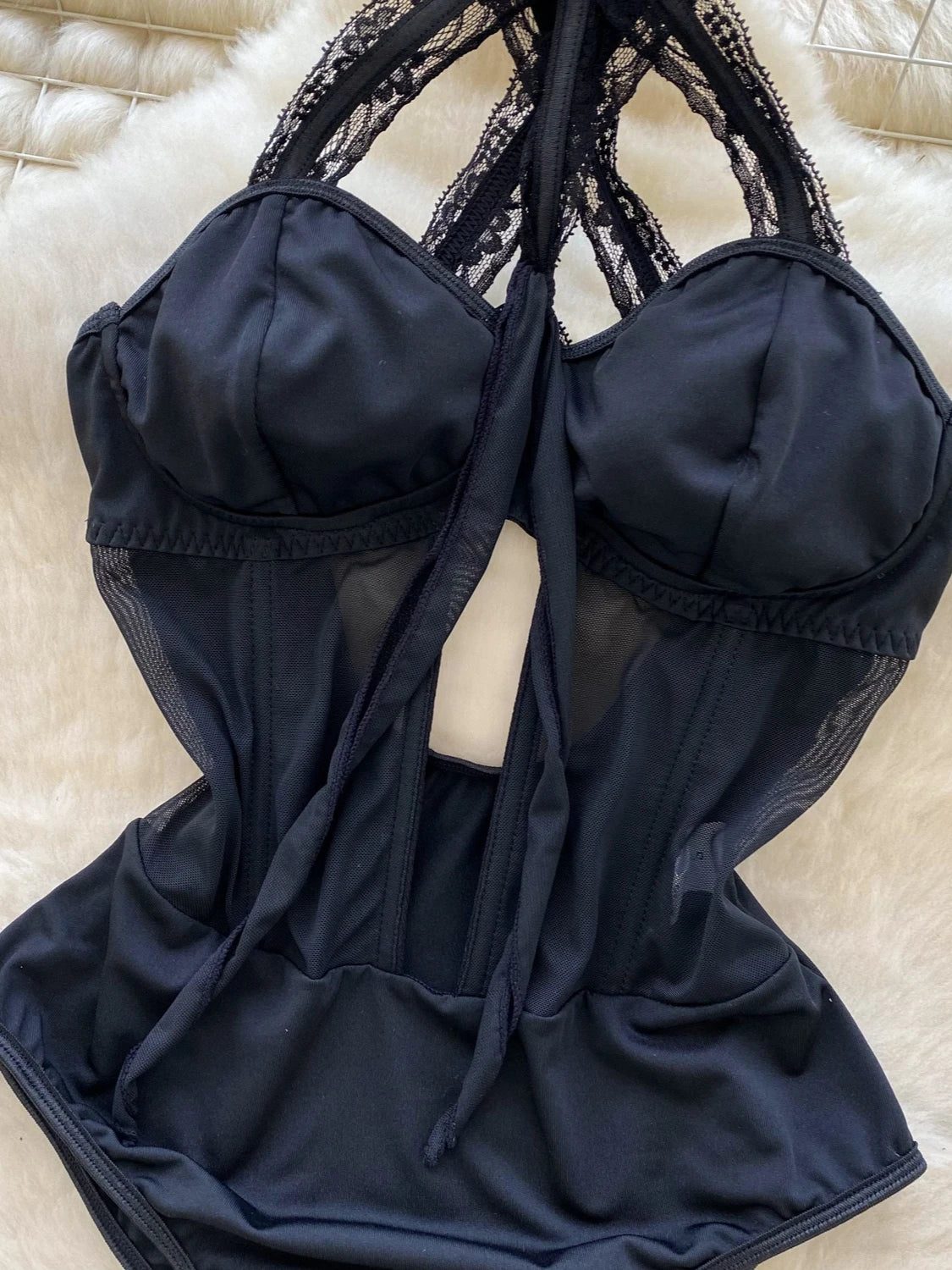 Cross Strap Mesh Lace Sleeveless Bodysuit