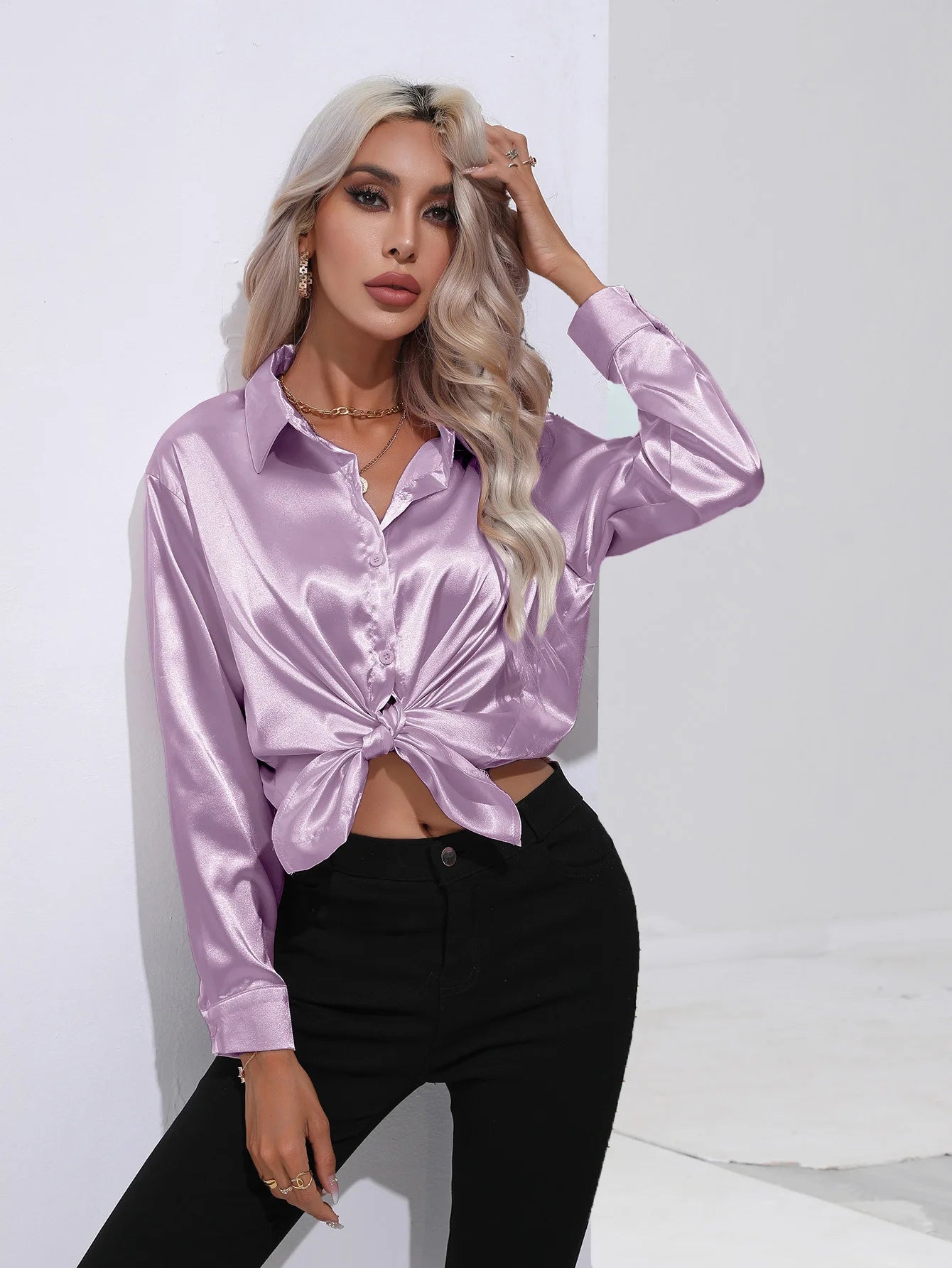 V-Neck Long Sleeve Satin Silk Blouse