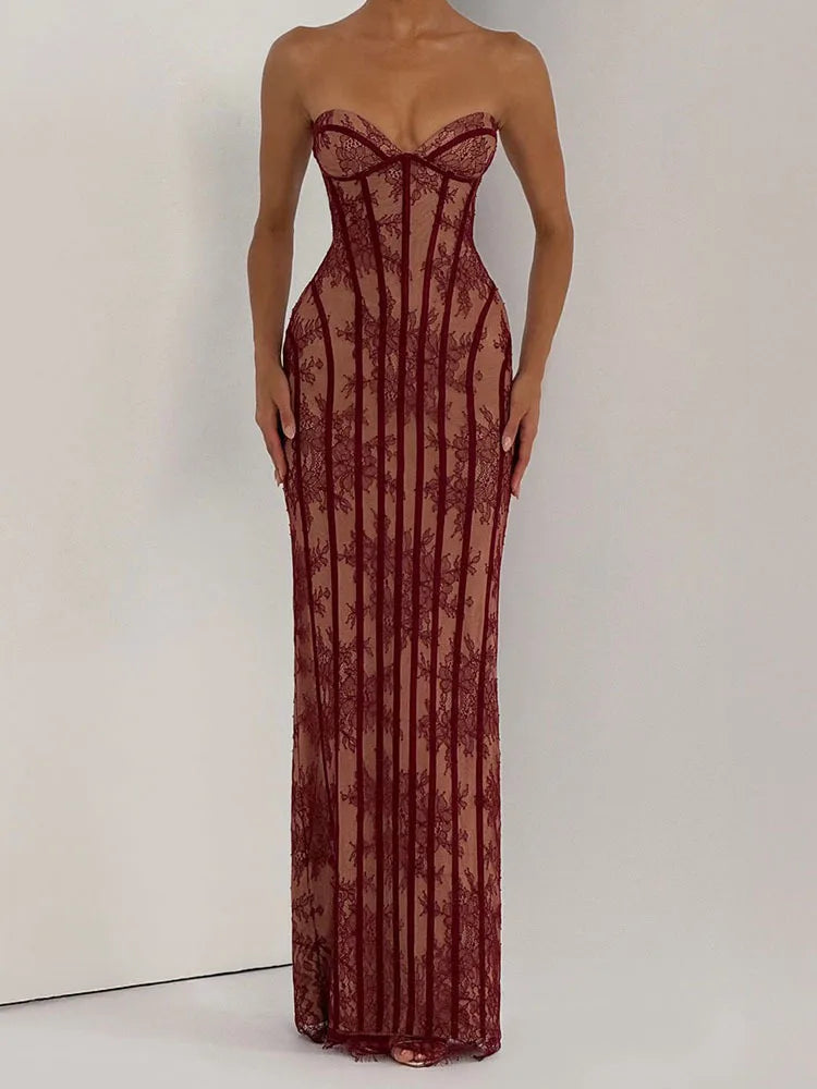 Striped Strapless Backless Bodycon Maxi Dress