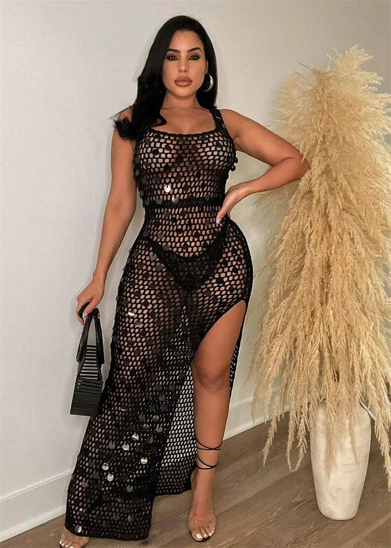 Sequined Crochet Hollow-Out Maxi Dress